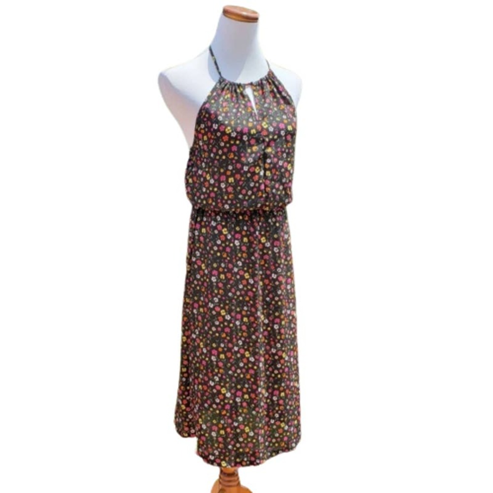 VELVET TORCH Dress Floral Halter Midi Black LARGE